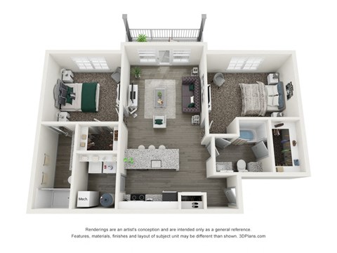 Floor plan for 2 beds, 2 baths, 1057 sqft